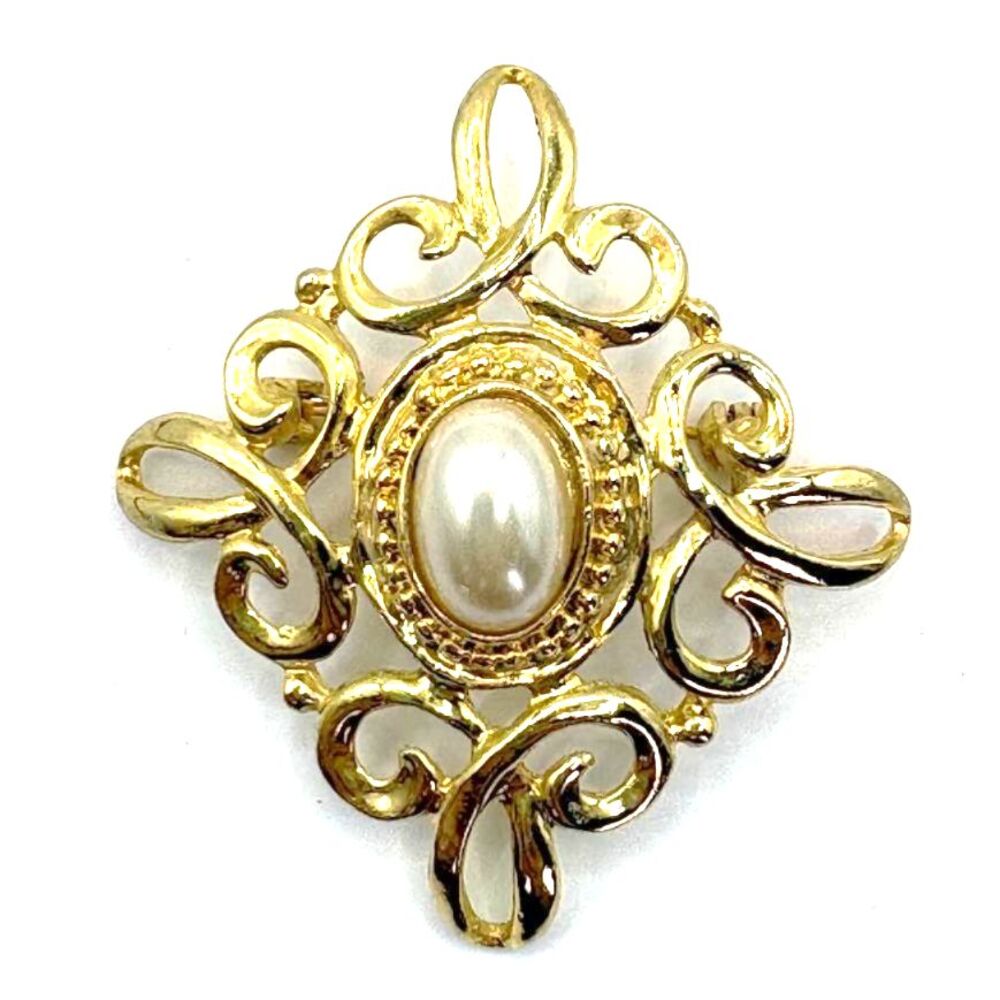 Vintage Gold Tone Faux Pearl Brooch Ornate Scroll Pin 1.5"